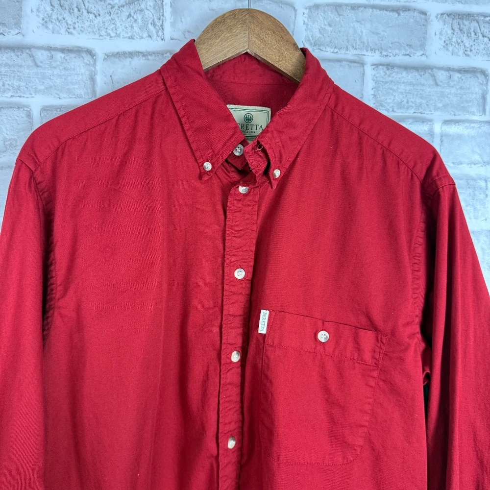 BERETTA Solid Red All Cotton Long Sleeve Button Down Shirt W/ Pocket Mens LARGE